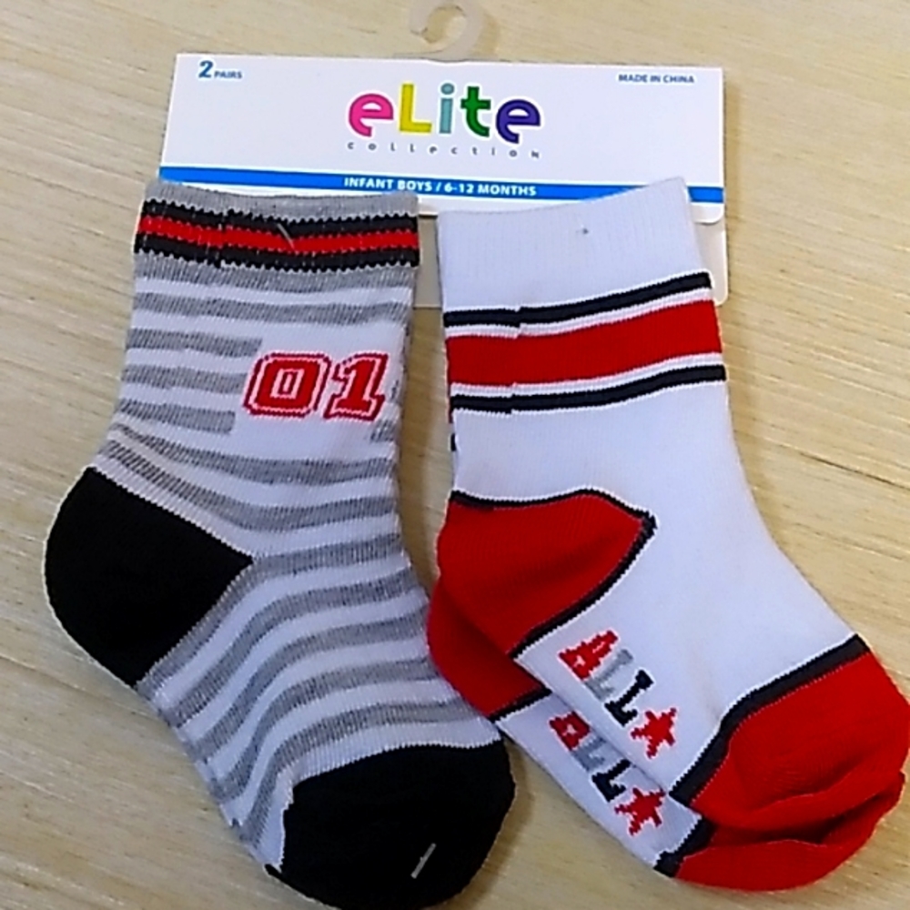 Elite Collection infant sports themed socks size 6-12 months white, red, black